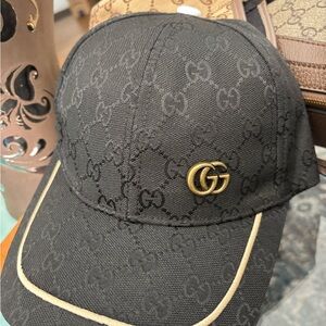 Gucci Black Monogram Cap with Gold Tag